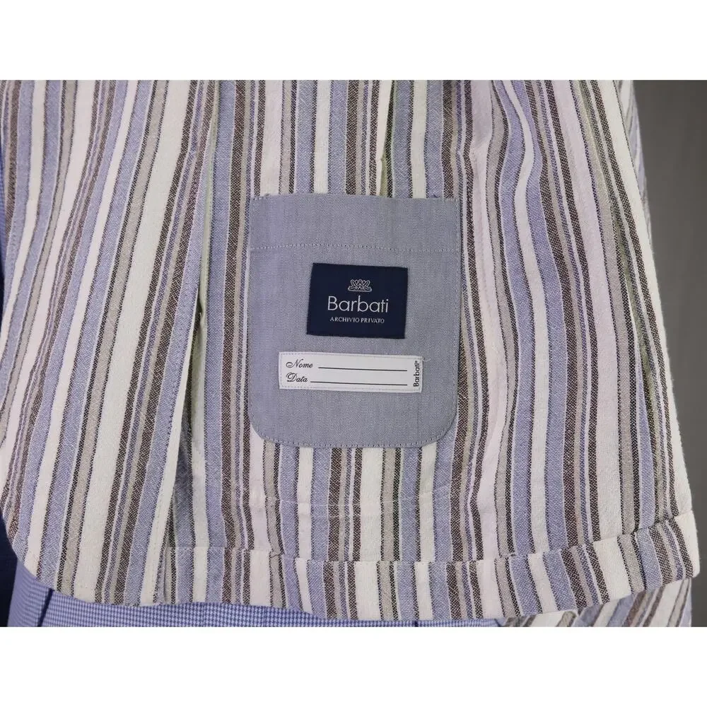 Barbati Blue Brown White Striped Patch Pocket Terry Cotton 2B Blazer Jacket 42R